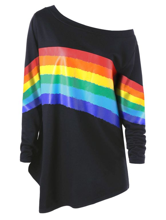 Sweat-Shirt Pullover avec Rayures Colorées et à Col en Biais Grande-Taille - Noir 5XL