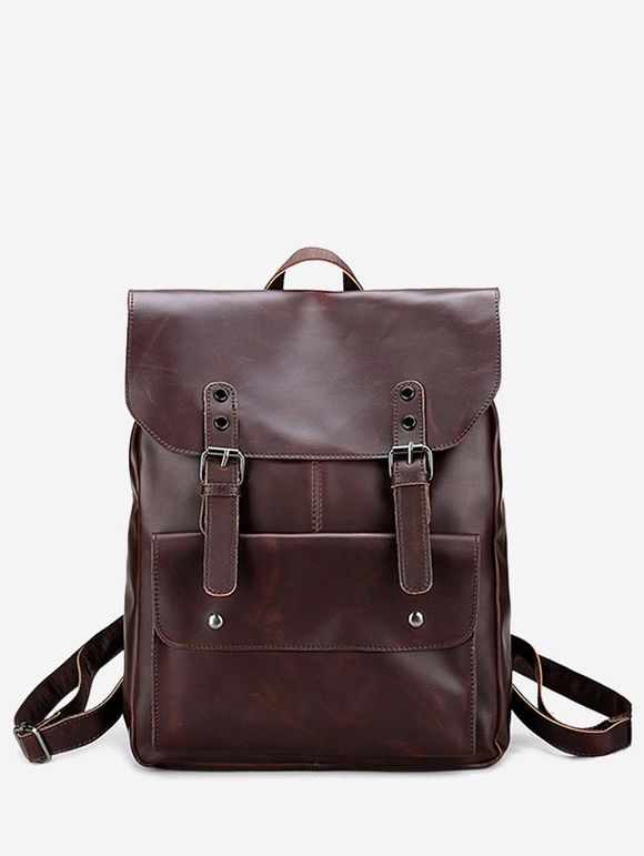 Faux Leather Stud Buckle Straps Backpack - Brun 