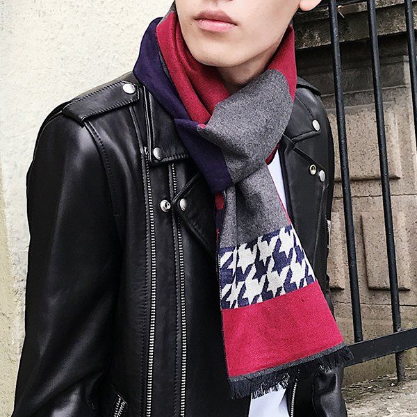 

Checked and Houndstooth Pattern Fringed Scarf, Red