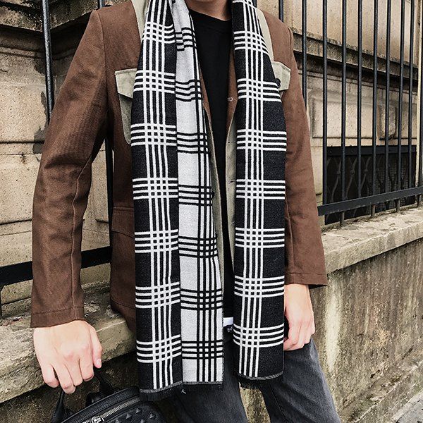 

Outdoor Tartan Pattern Fringed Wrap Shawl Scarf, Black