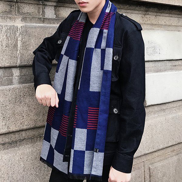 

Checked Pattern Color Block Fringed Scarf, Deep blue