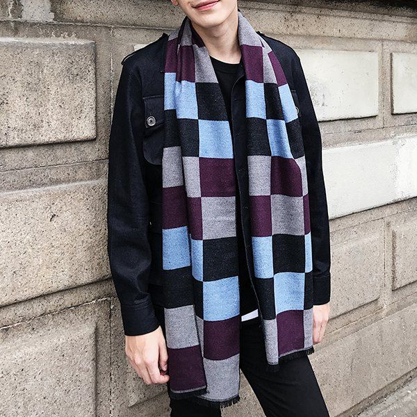

Checked Pattern Color Block Fringed Scarf, Light blue