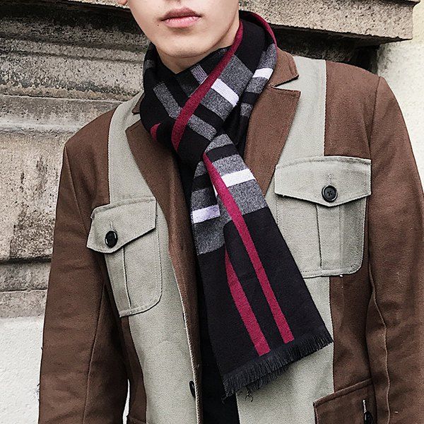 

Outdoor Plaid Pattern Fringed Blanket Shawl Scarf, Black red