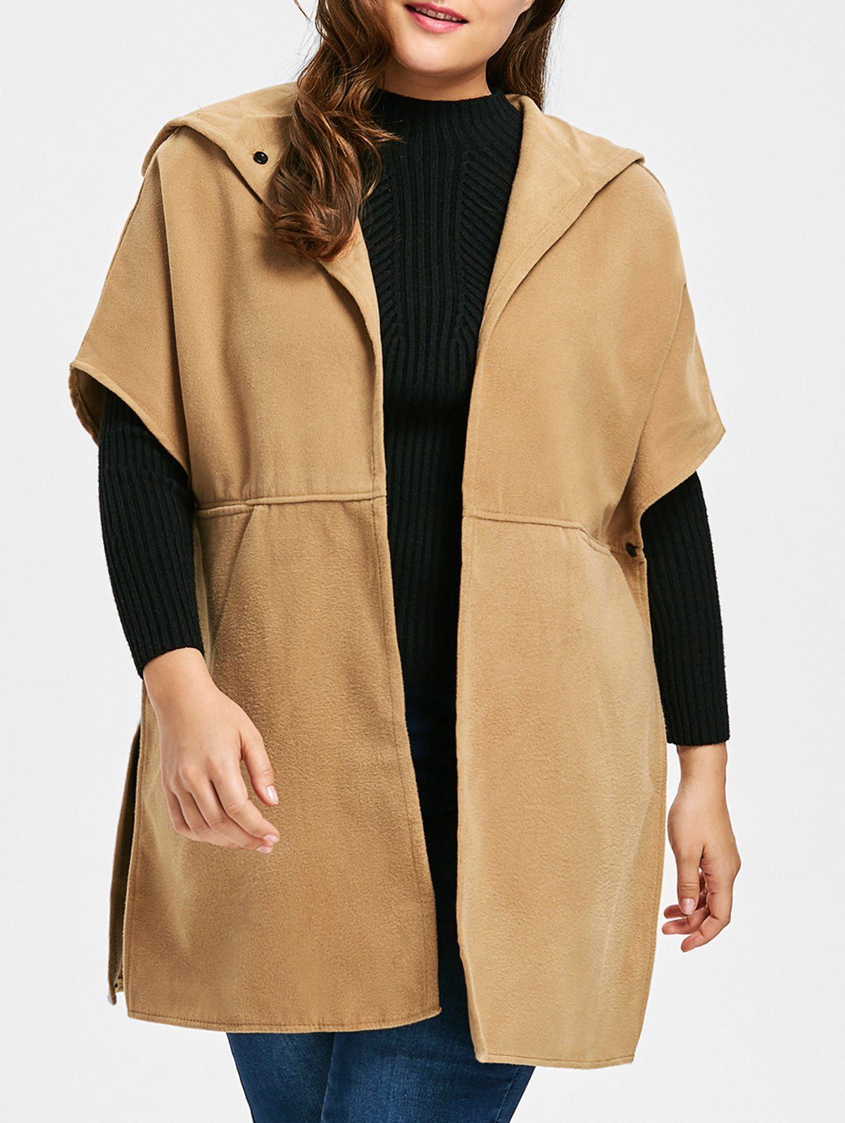 

Plus Size Faux Suede Hooded Poncho Coat, Camel