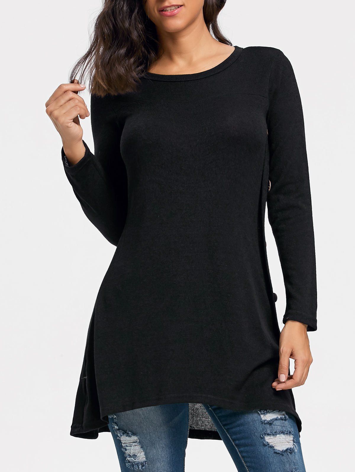 

High Low Buttoned Tunic Sweater, Black