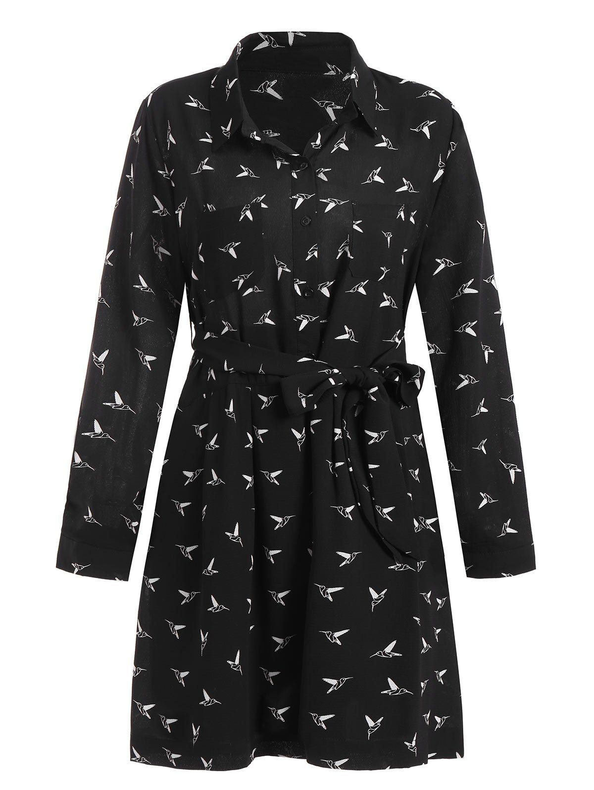 

Plus Size Bird Print Belted Dress, Black