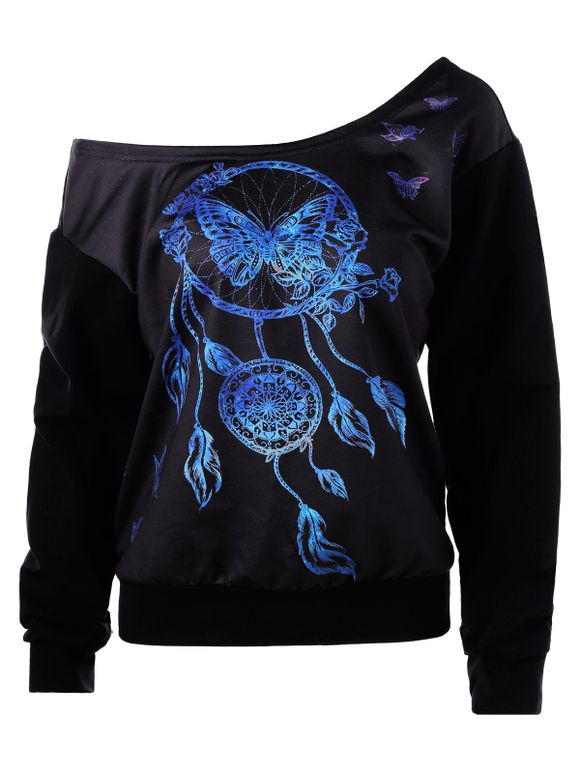 Skew Neck 3D Butterfly Print Sweatshirt - Noir M