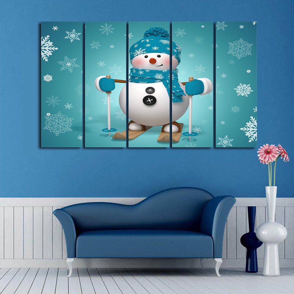 

Christmas Snowman Skiing Print Unframed Canvas Paintings, Lake blue