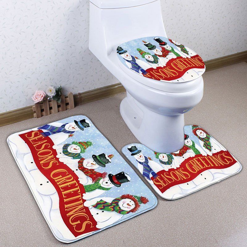 

3Pcs Christmas Snowman Band Bath Toilet Mats Set, White