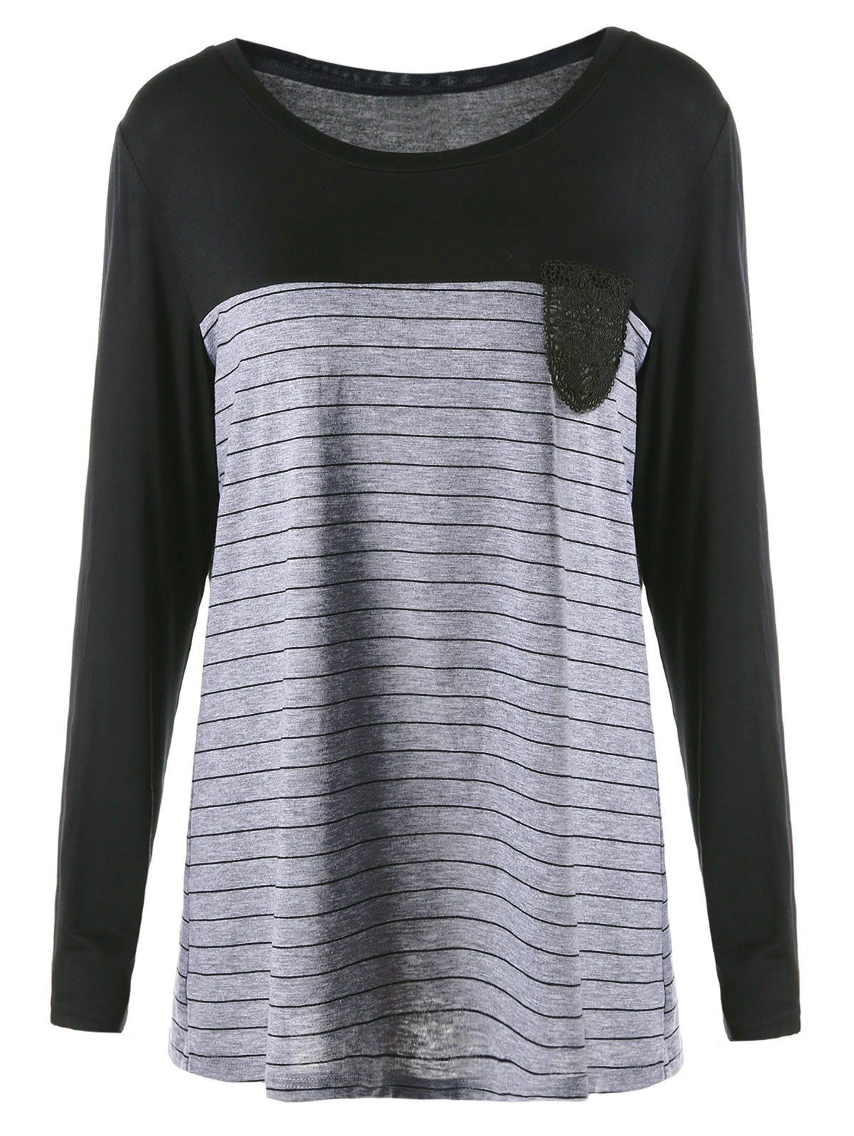 

Plus Size Crochet Pocket Striped T-shirt, Black