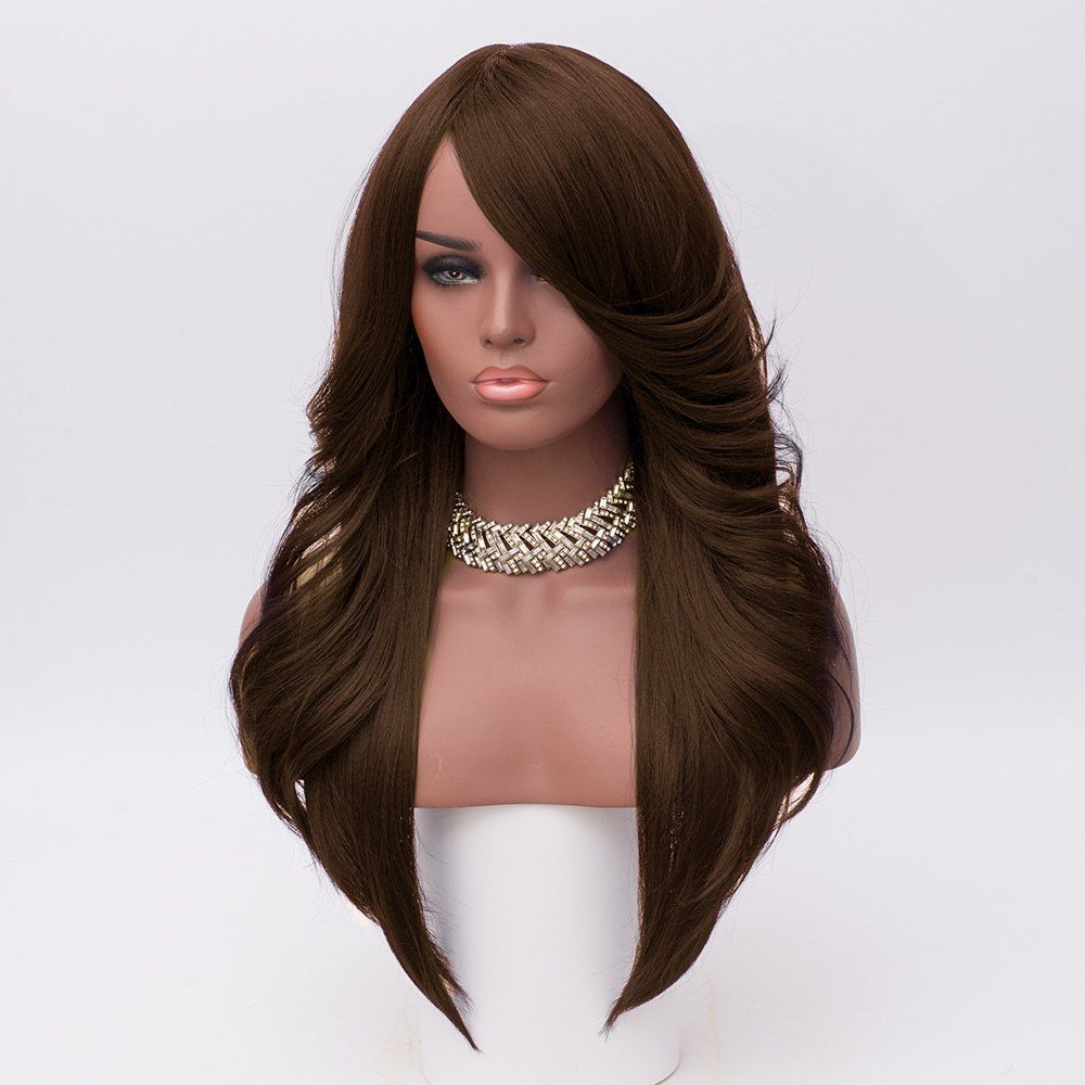

Long Oblique Bang Feathered Straight Synthetic Wig, Brown