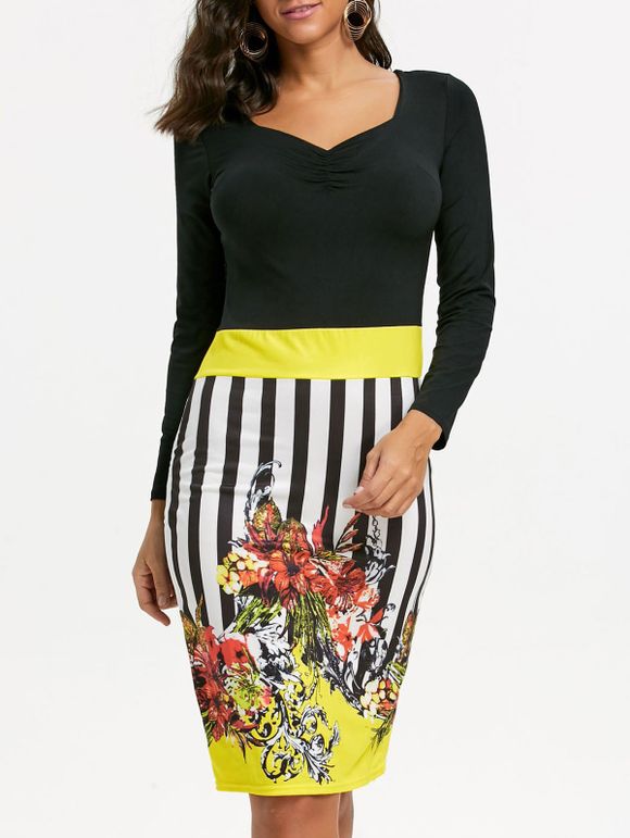 Stripe Floral Print Bodycon Dress - Jaune XL