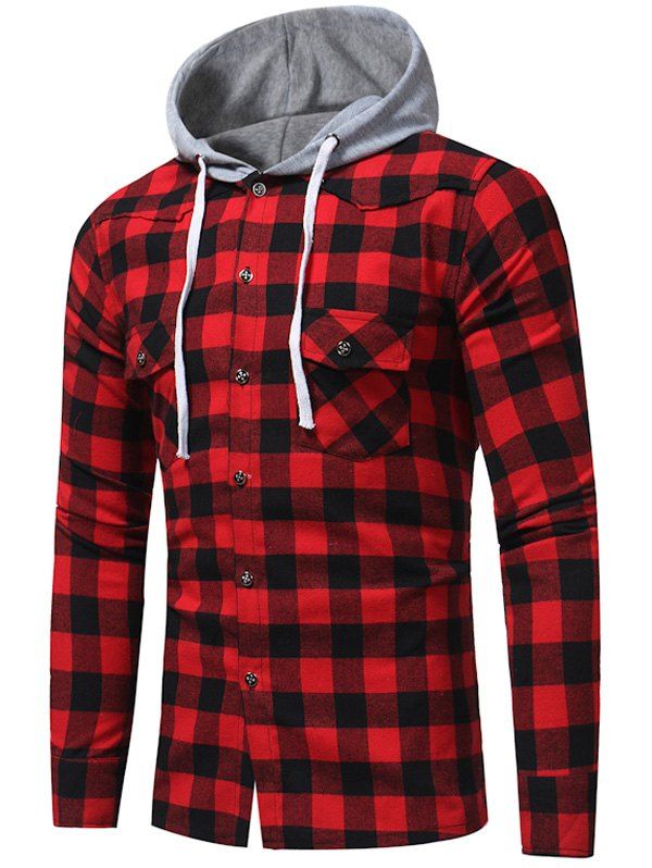 

Hooded Pockets Color Block Checked Shirt, Red