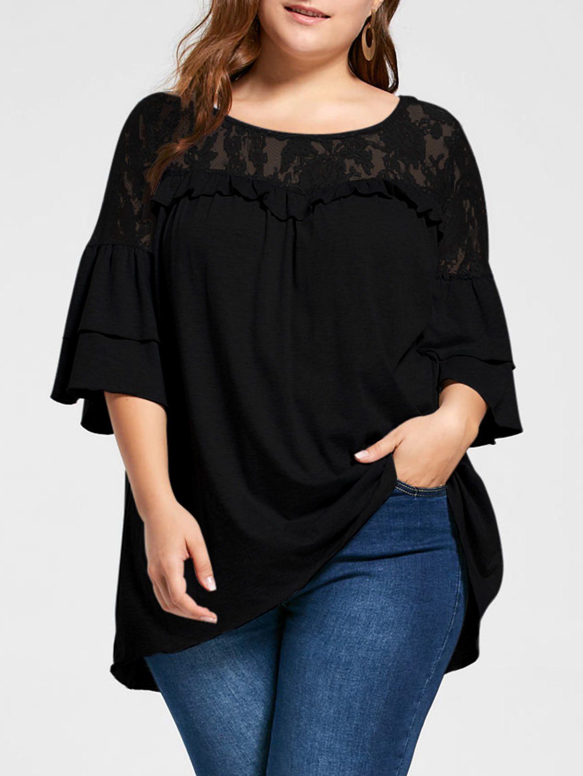 

Plus Size Lace Yoke Frill Tunic Top, Black