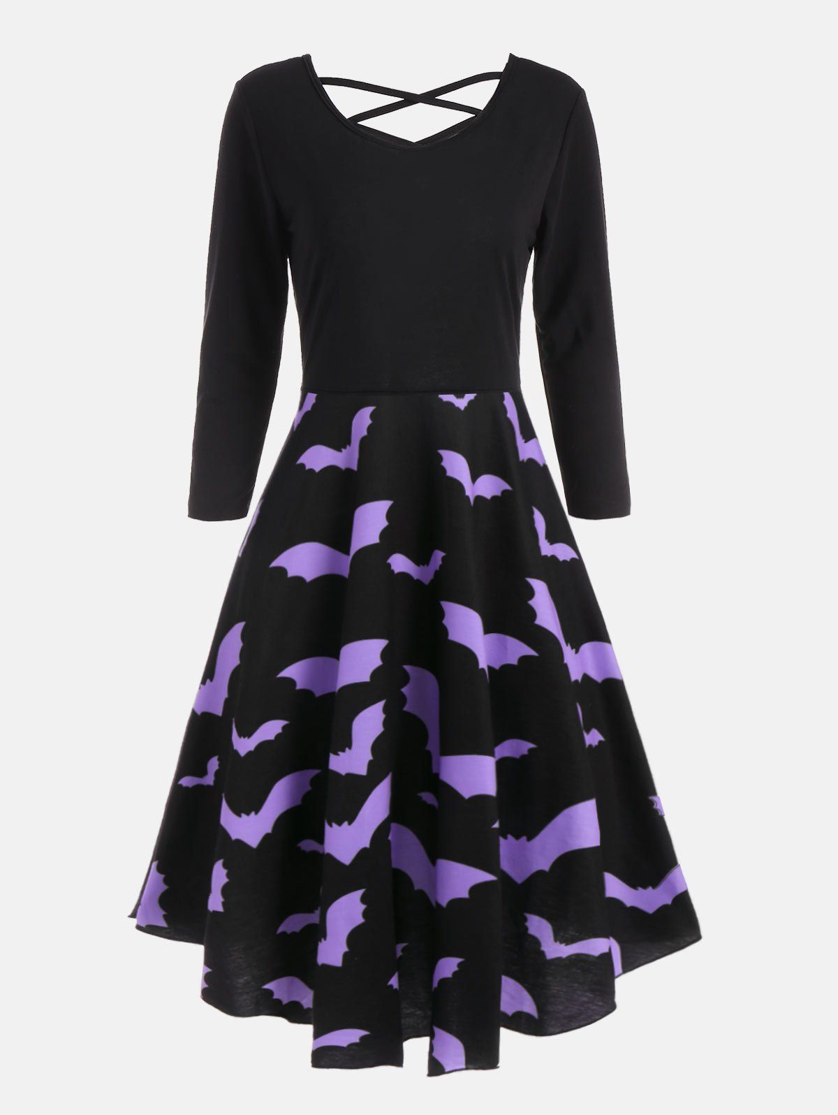Cross Back Bat Print Fit and Flare Dress - BLACK 2XL