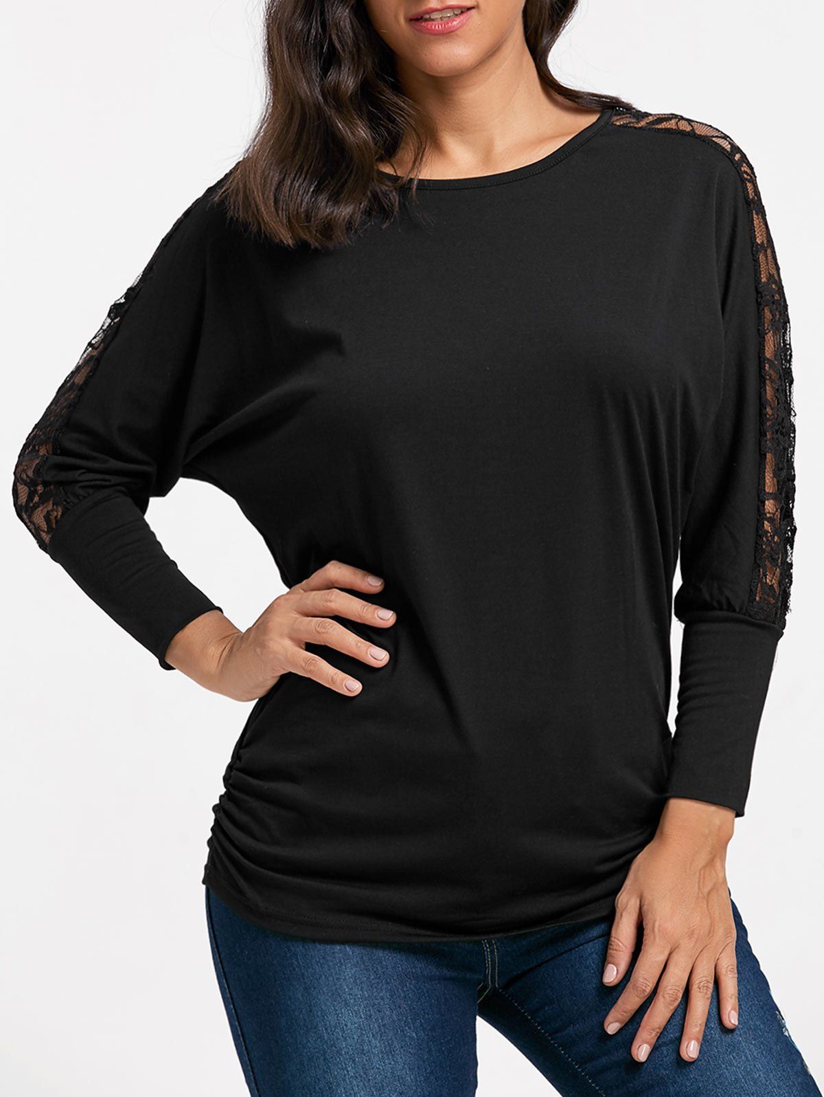 

Lace Insert Batwing Sleeve Top, Black