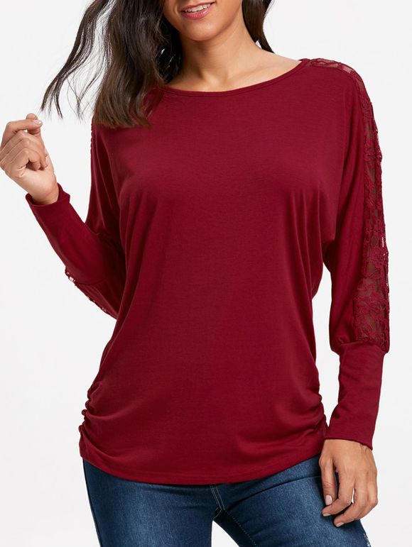 Lace Insert Batwing Sleeve Top - RED S
