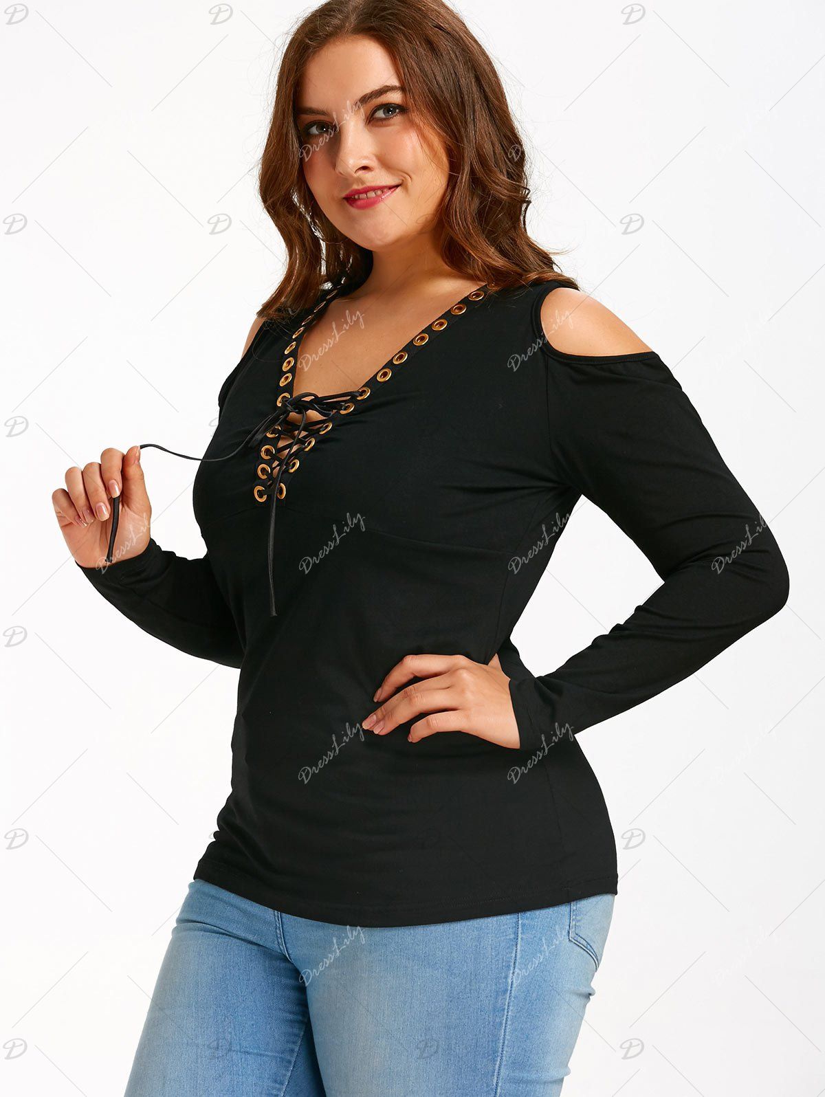 2019 plus size cold shoulder lace up t shirt