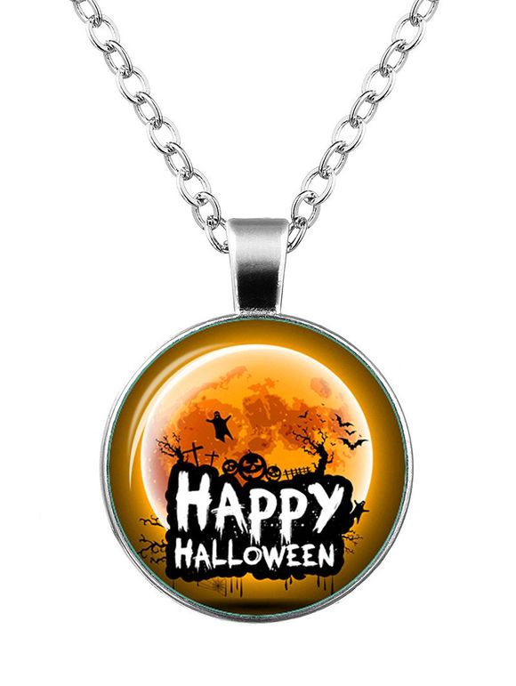 Happy Halloween Pumpkin Bat Ghost Necklace - Argent 