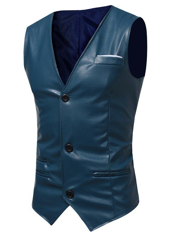 

Belt Design Edging PU Leather Waistcoat, Deep blue