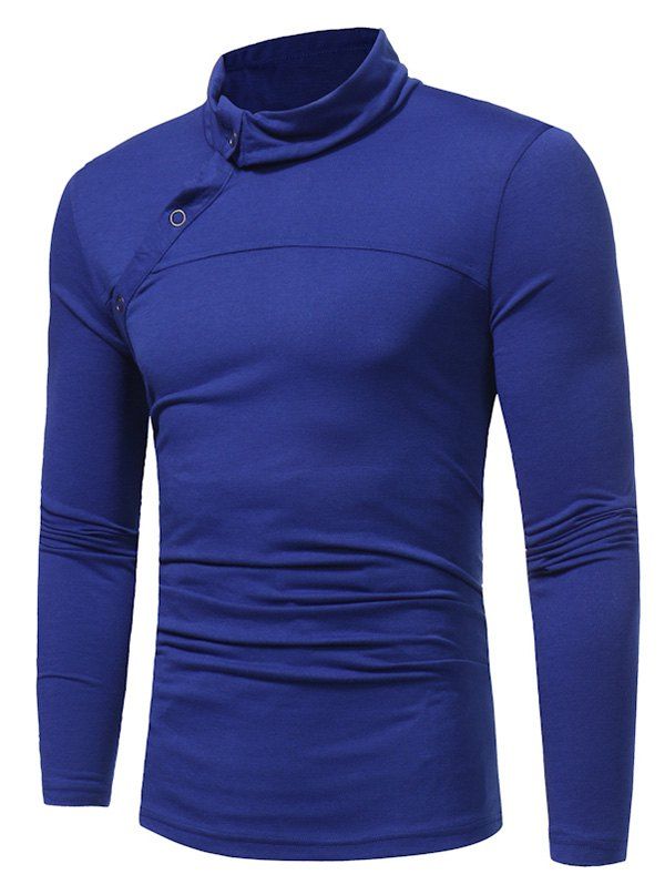 

Oblique Buttons Turtle Neck Long Sleeve T-shirt, Royal