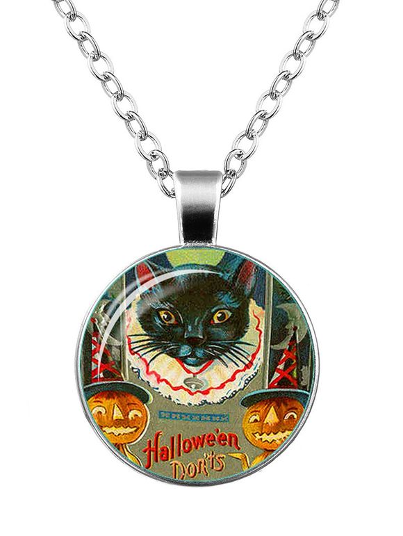 Halloween Pumpkin Devil Cat Moon Necklace - Argent 