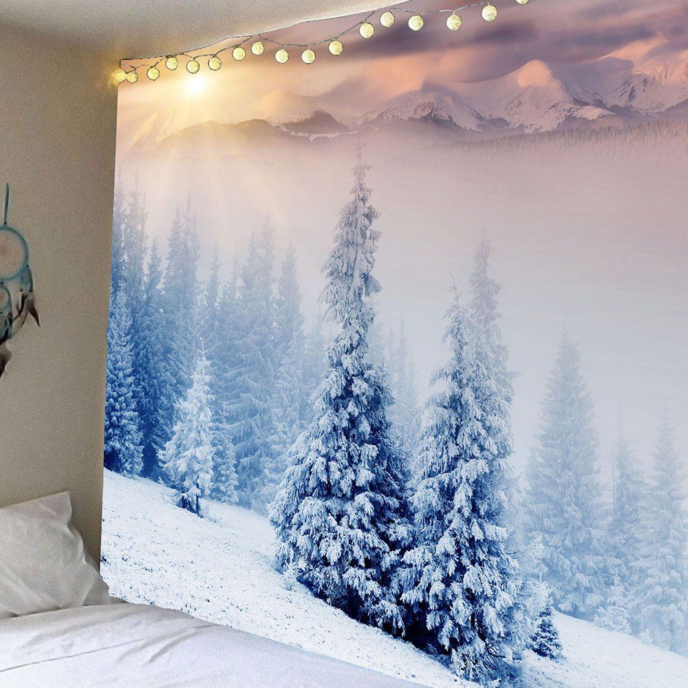 

Waterproof Misty Snow Forest Pattern Wall Art Tapestry, Grey white
