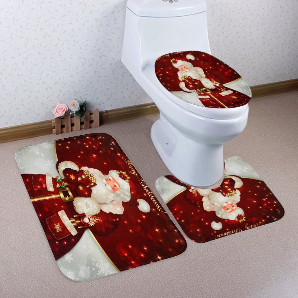 

Christmas Santa Gift Pattern 3 Pcs Bathroom Toilet Mat, Red