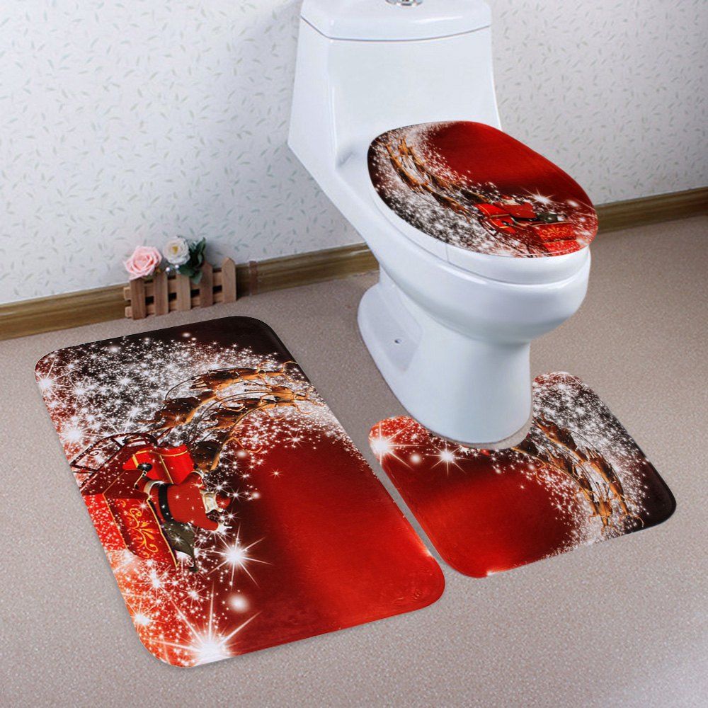 

Christmas Santa Sleigh Pattern 3 Pcs Bathroom Toilet Mat, Red