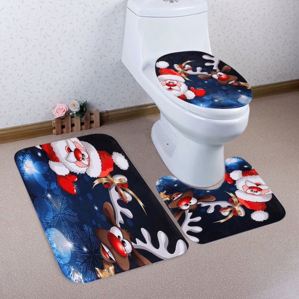 

Christmas Santa Deer Pattern 3 Pcs Bathroom Toilet Mat, Colormix