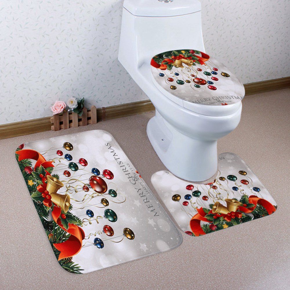 

Christmas Baubles Bell Pattern 3 Pcs Bathroom Toilet Mat, Colormix