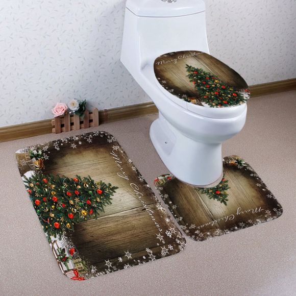 Ensemble 3 Pièces de Tapis de Toilette et Salle de bain Motif Sapin de Noël sur Fond de Bois - multicolore 