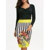 Stripe Floral Print Bodycon Dress - Jaune L