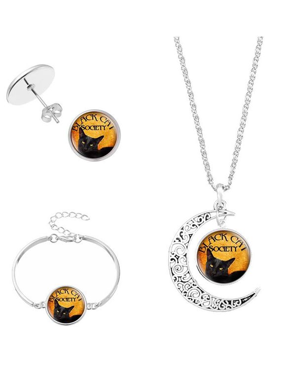 Halloween Society Cat Moon Jewelry Set - Argent 