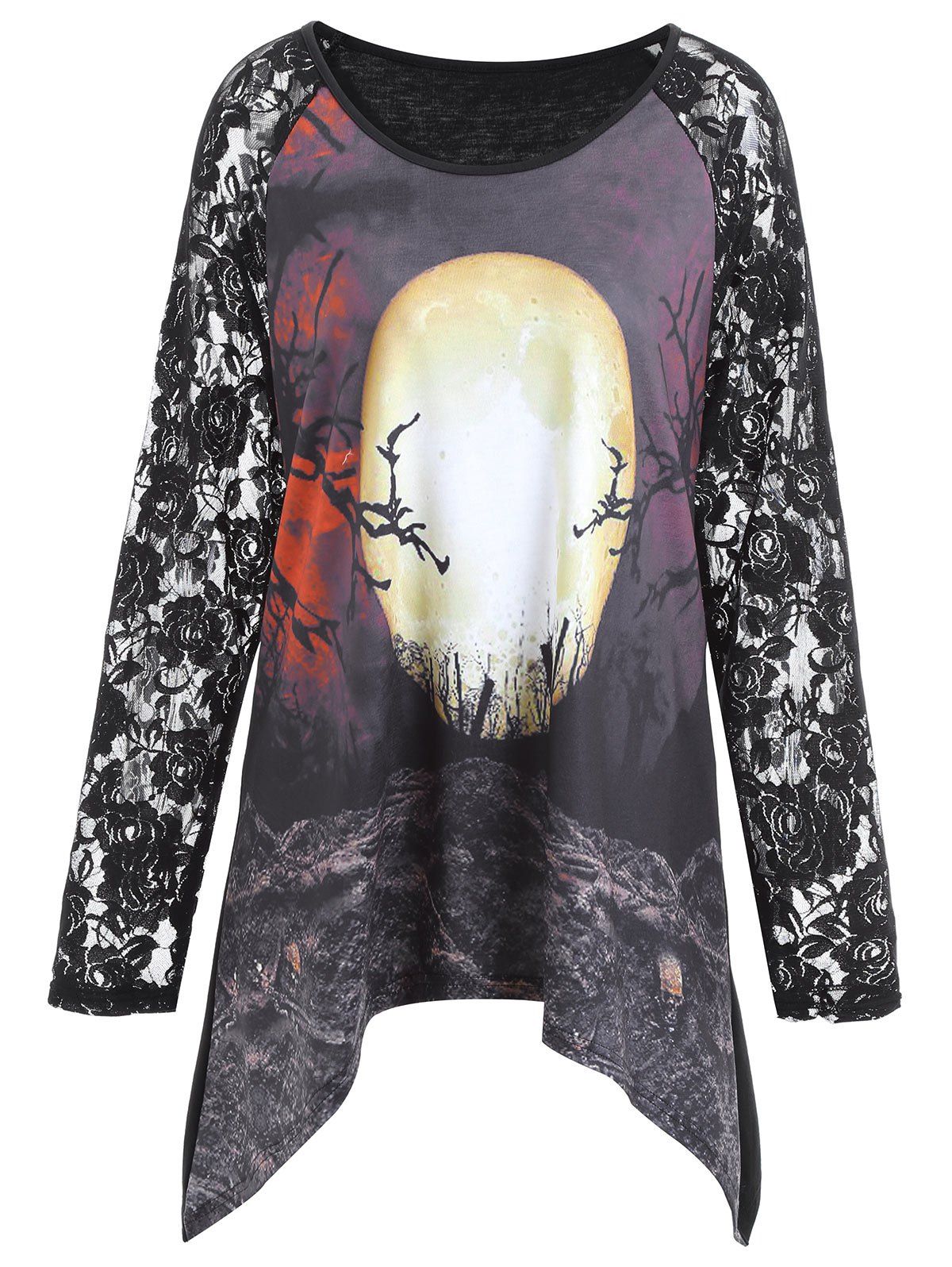 

Plus Size Lace Panel Halloween Moon Asymmetrical T-shirt, Black