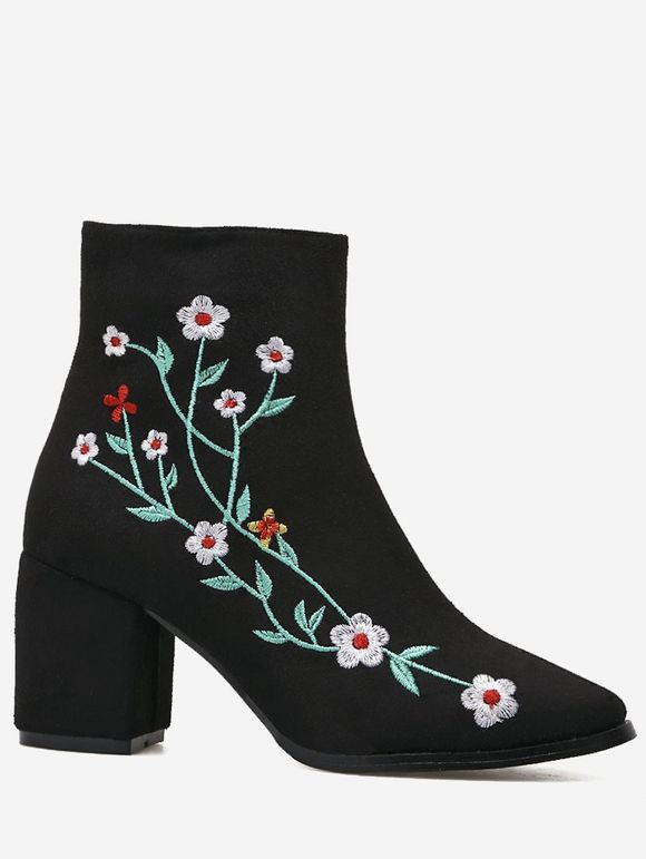 Broderie Floral Chunky Cheville Bottes - Noir 39