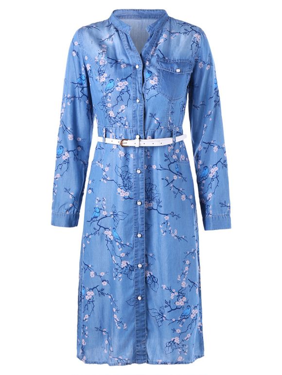 Plum Blossom Print Denim Dress with Belt - Bleu XL