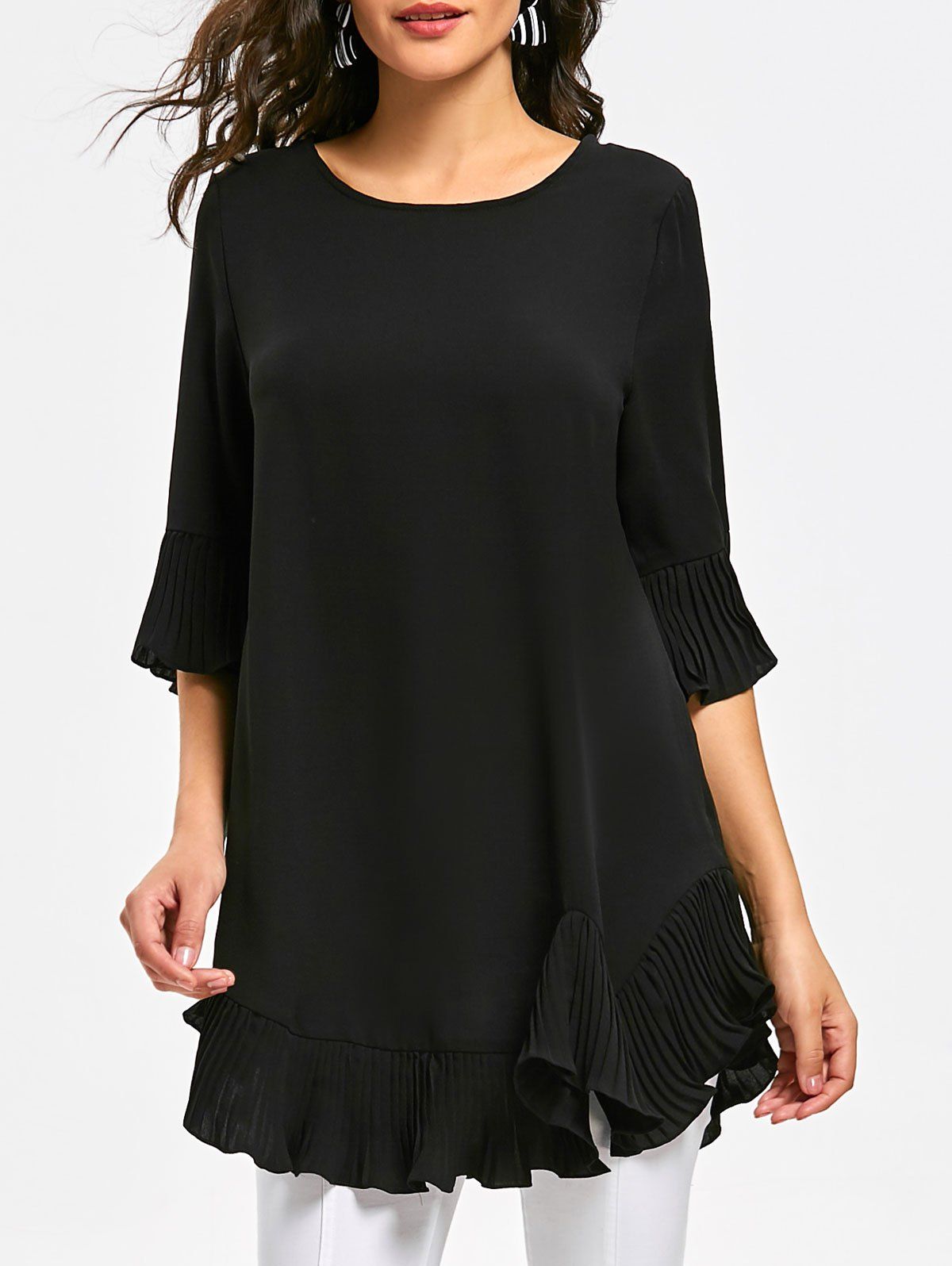 

Pleated Flounce Panel Tunic Blouse, Black