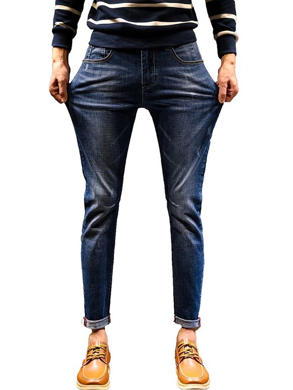 Stretch Zipper Fly Cuffed Jeans - Bleu Toile de Jean 36