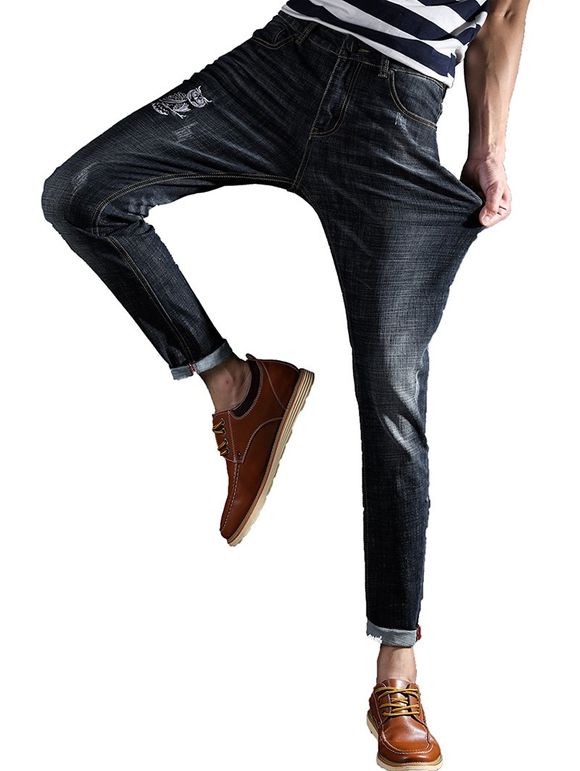 Slim Fit Owl Embroidery Zip Fly Jeans - Noir 32