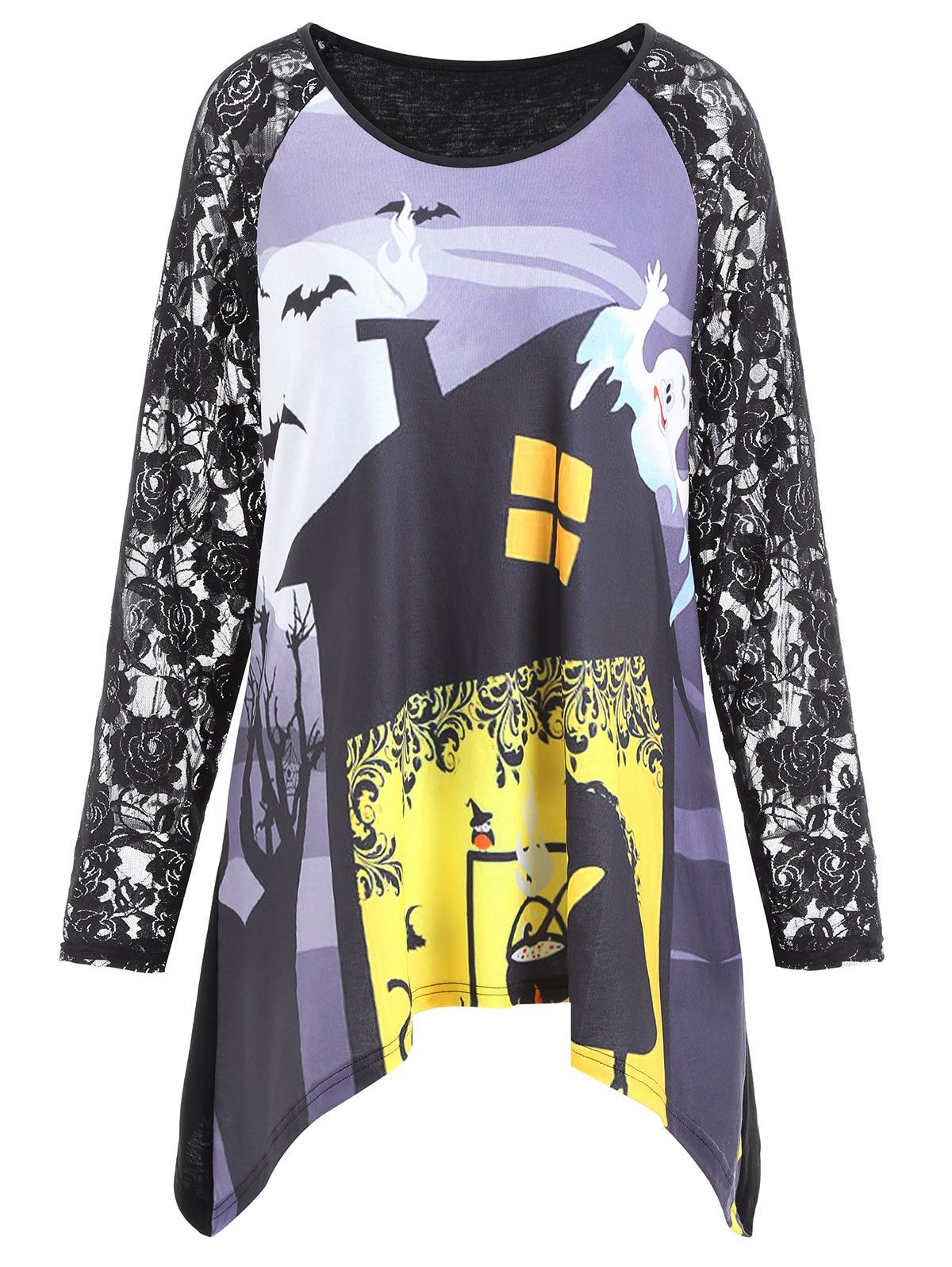 

Plus Size Lace Panel Halloween Asymmetrical T-shirt, Black