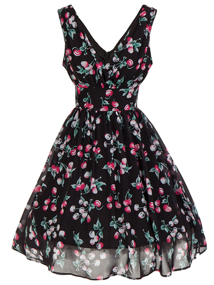 

Plunging Neckline Backless Cherry Print Skater Dress, Black