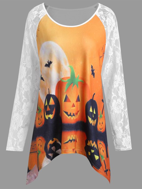 T-shirt Asymétrique à Motif Cotrouille Halloween à Manches en Dentelle  Grande Taille - Blanc 5XL