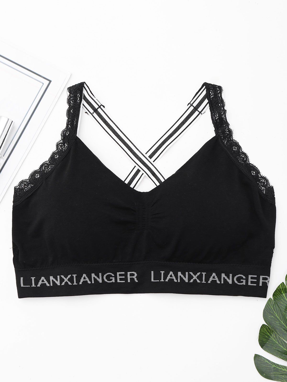 

Crossback Lace Trim Sporty Bra, Black