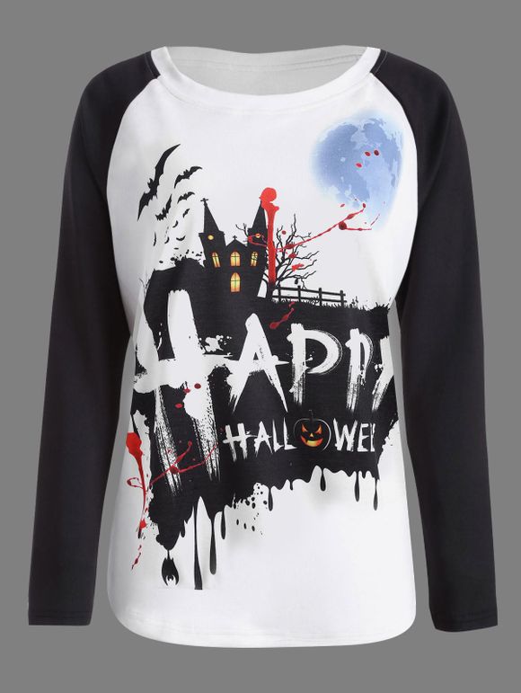 T-Shirt à Manches Raglan Imprimé Joyeux Halloween Citrouille - Blanc et Noir XL
