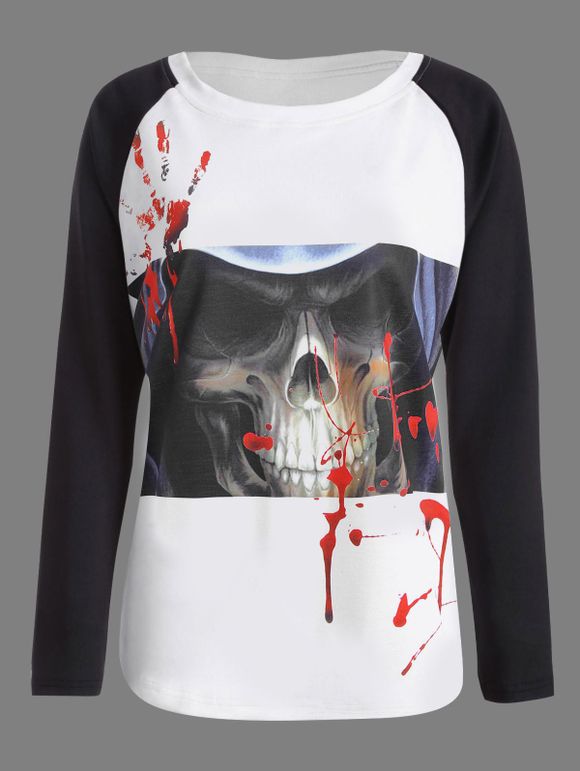 T-Shirt Imprimé Halloween Crâne Paume Sanglant - Blanc et Noir S