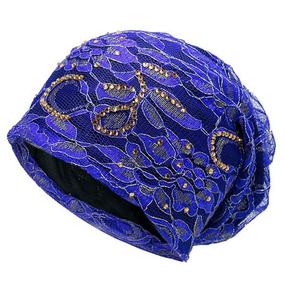 Bonnet Décoré de Strass et Broderie Florale - Bleu 