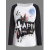 T-Shirt à Manches Raglan Imprimé Joyeux Halloween Citrouille - Blanc et Noir L