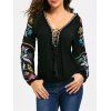 Floral Embroidered Balls Trim Lace Up T-shirt - BLACK M