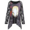 T-Shirt Asymétrique avec Empiècements en Dentelle Motif Lune d'Halloween Grande-Taille - Noir 2XL
